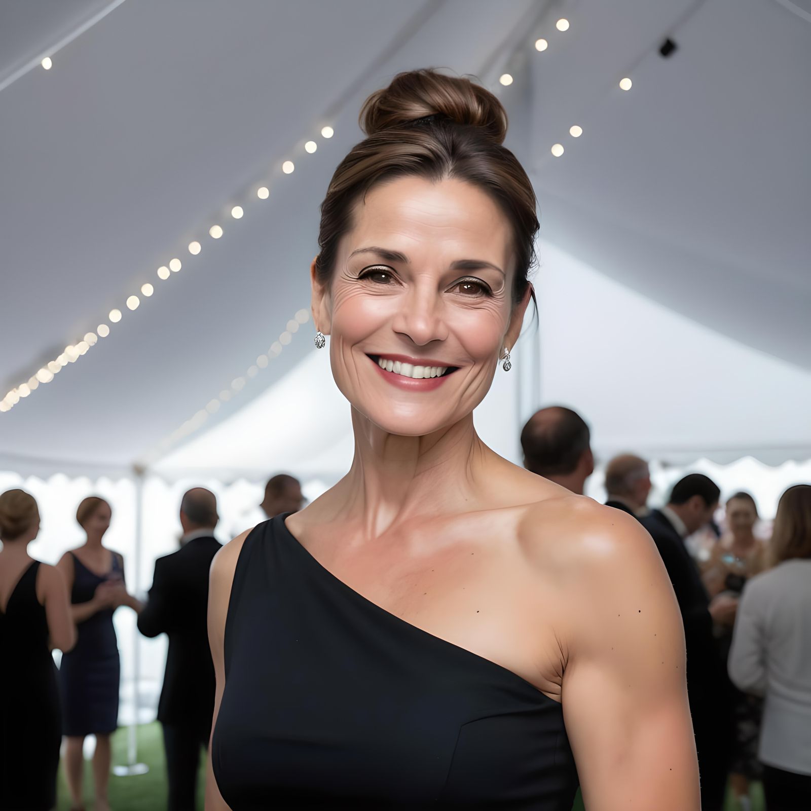 Festive Event: Woman in Black Dress Interacts with Chef