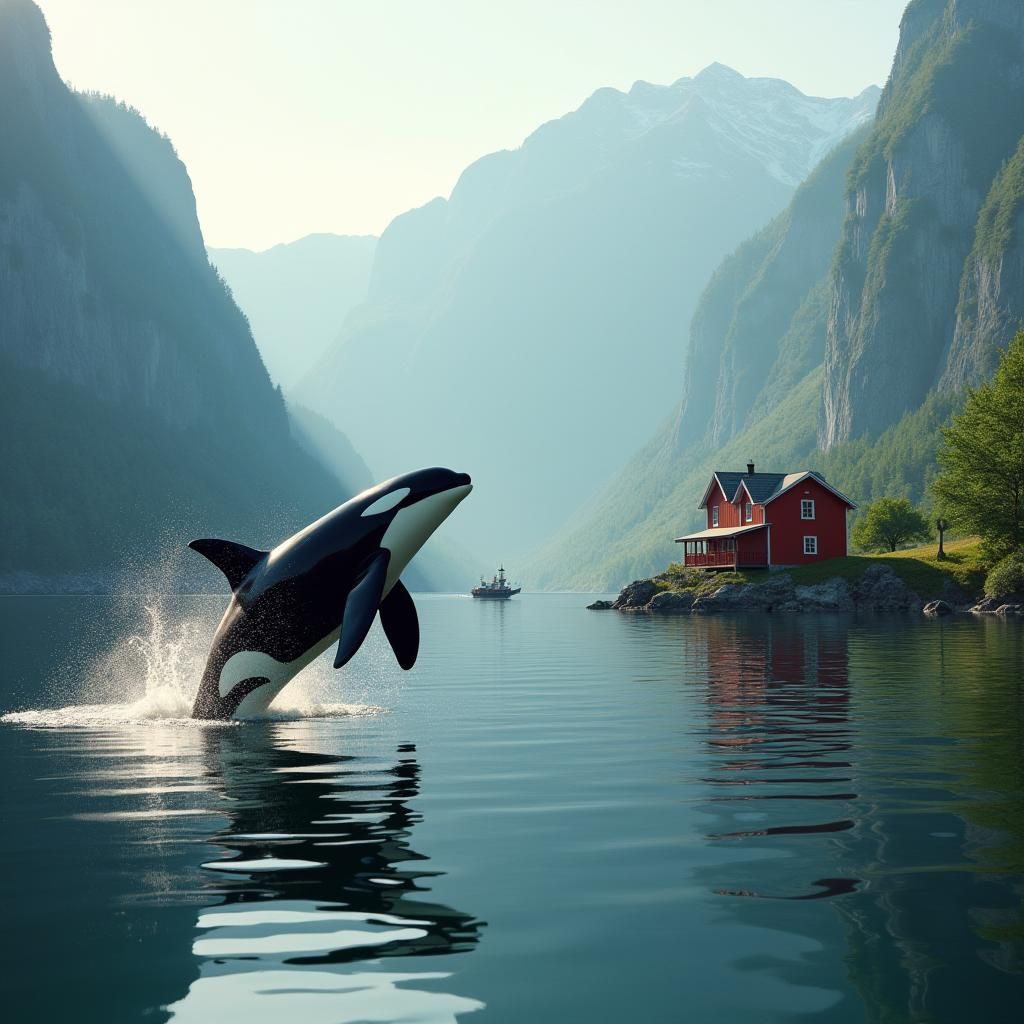Orca Leaps in Fjord Landscape with Red House