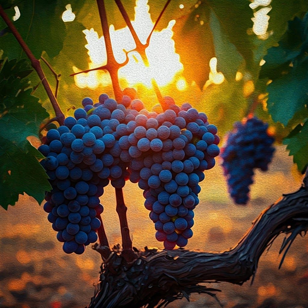 Vineyard Sunset with Glowing Grapes in Impasto Style