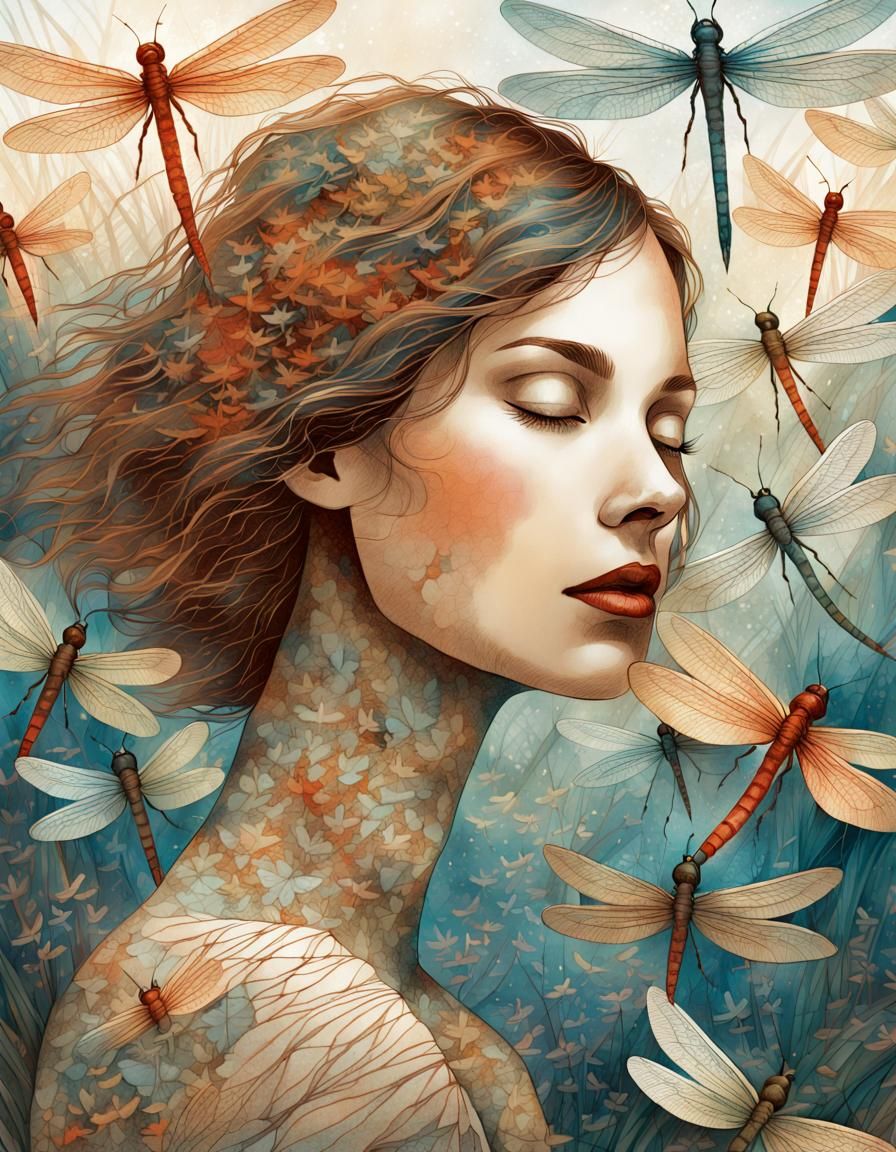 surreal detailed fine line illustration of a woman surrounded by vivid dragonflies, dreamy, in the style of Anna and Ele...