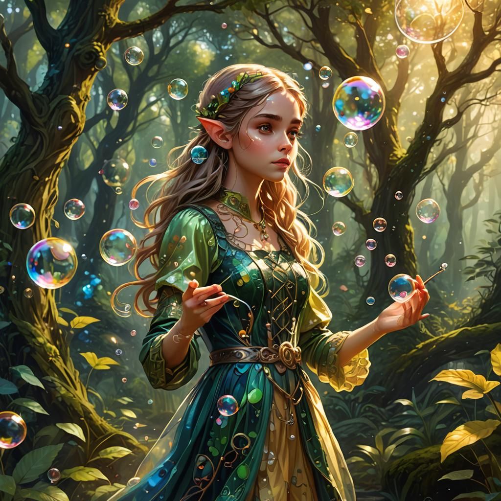 Elf Girl Blowing Bubbles in Enchanted Forest