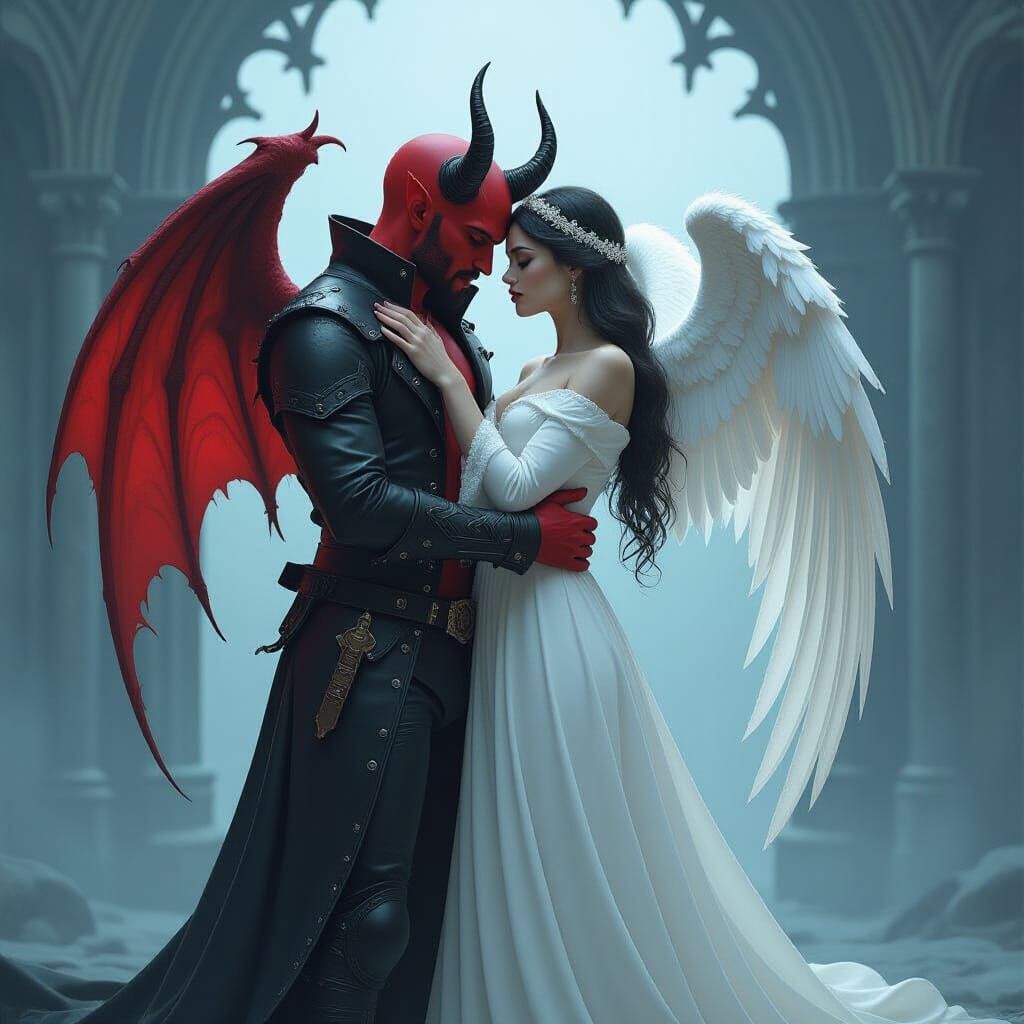 Devil Embracing Angel in Gothic Setting