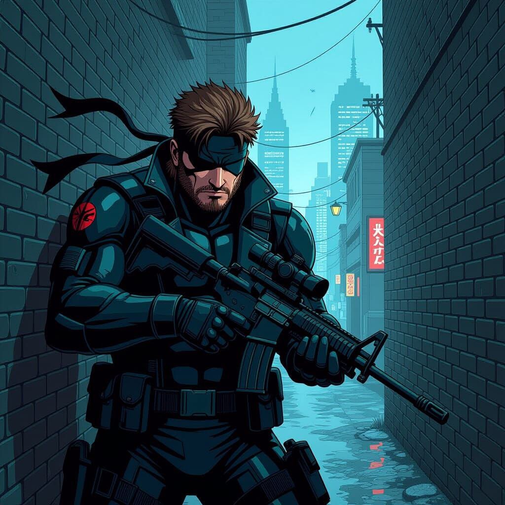 Solid Snake Sneaking in Gritty Cityscape Comic Art
