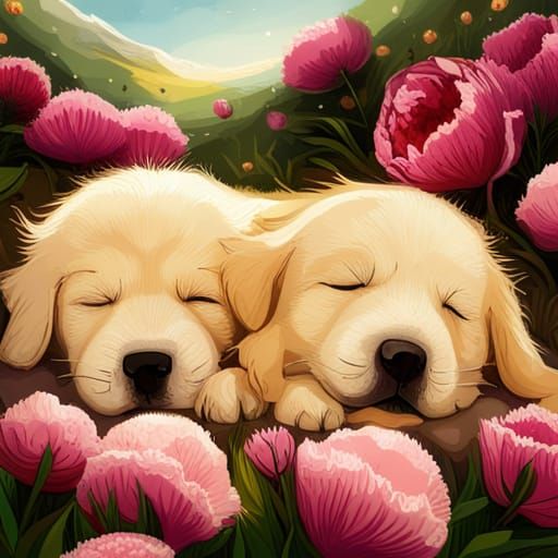 Golden Retriever Puppies Napping in Peonies