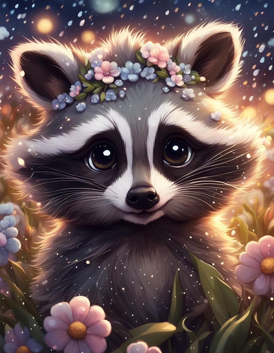 Fantasy Baby Raccoon Playing in Flower Rain