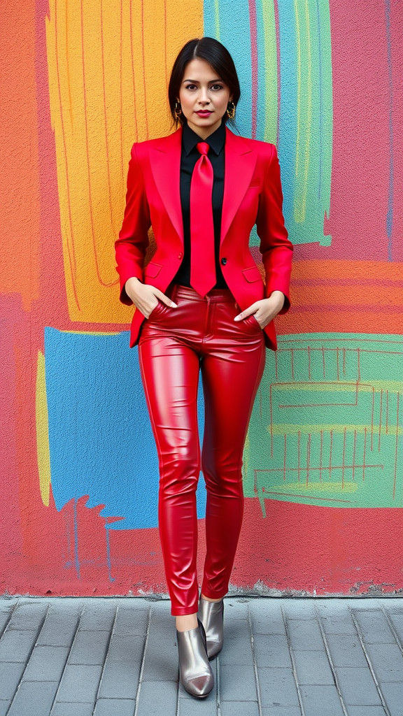 Glamorous Woman in Vibrant Red Suit with Black Accents