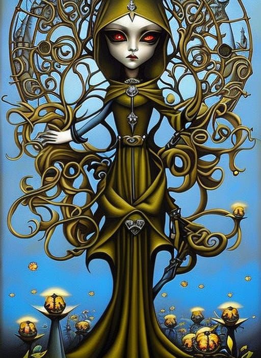 Vampire Robot in Whimsical Skull Tree