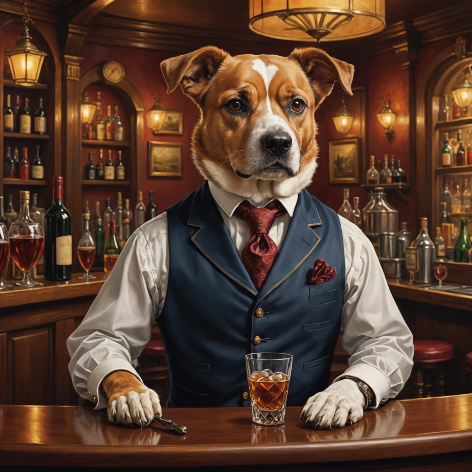 A Canine Bartender in Formal Attire, Digital Art