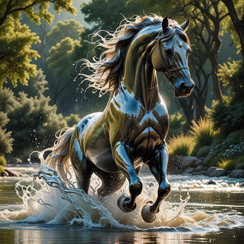 Surreal Water Sculpture of a Galloping Horse in a Serene Lan...