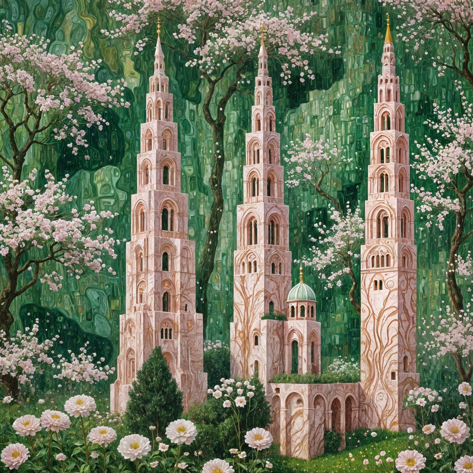 Pink Marble Towers in Klimt-Inspired Landscape