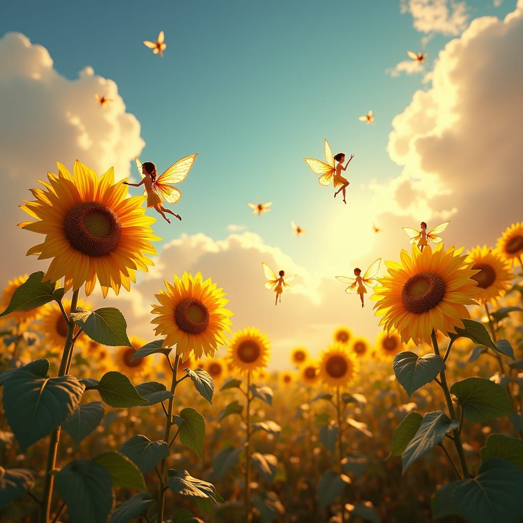 Fairies in a Vibrant Sunflower Field