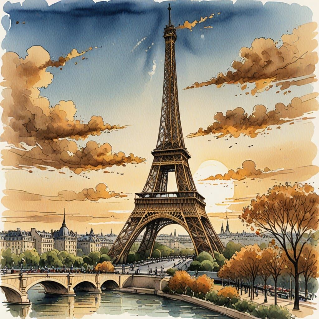 Eiffel Tower Pen Drawing with Watercolor Textures