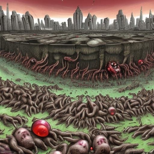 Dystopian Cityscape with Mutants: Detailed Matte Painting