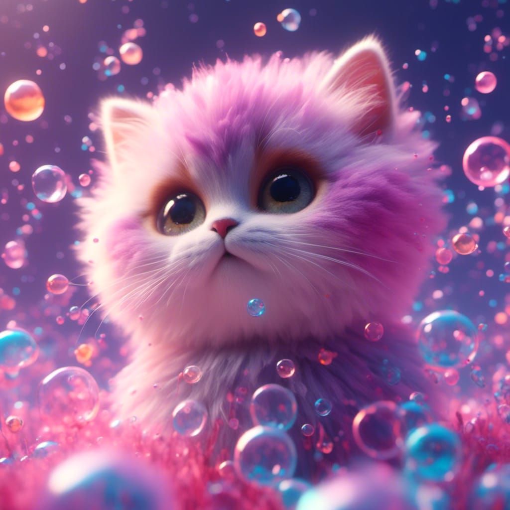 Pastel Kitten in Bubble World: Watercolor Painting