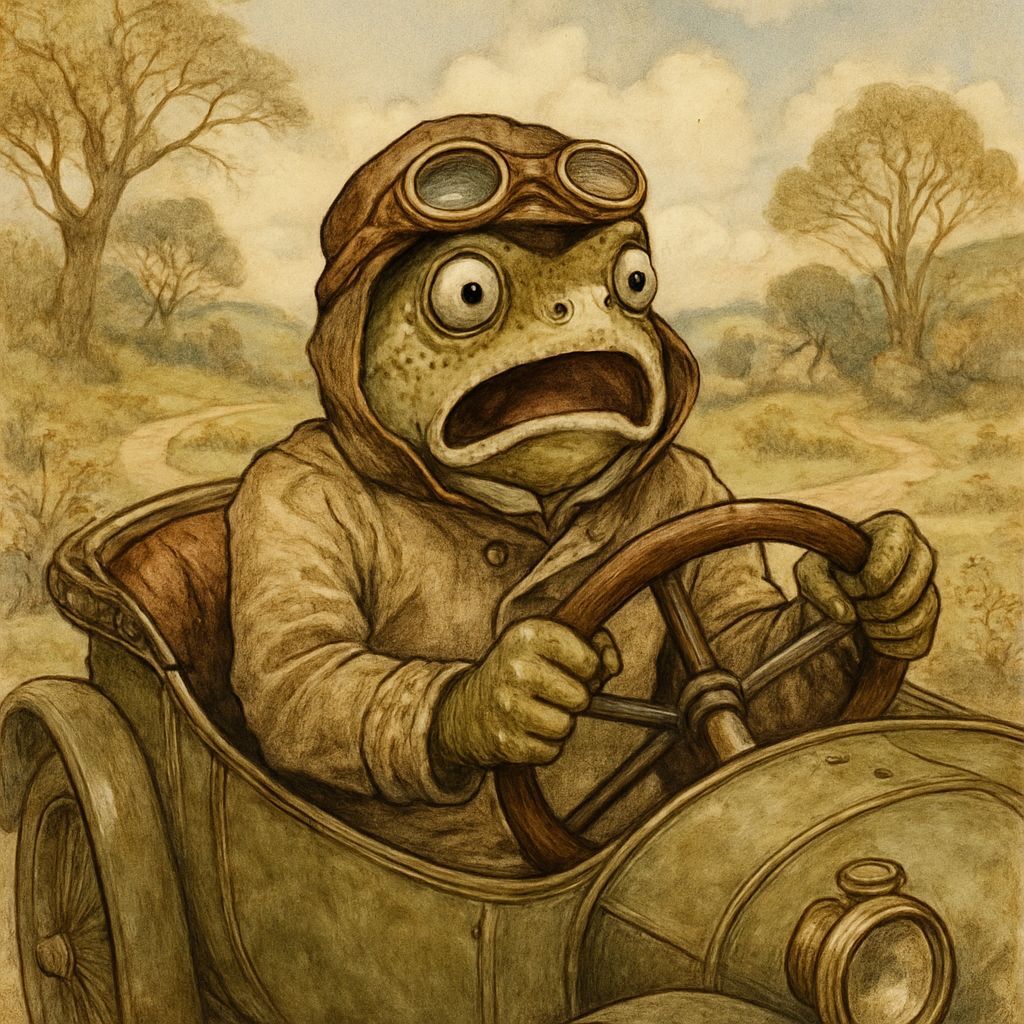 Mr Toad wearing a vintage driving suit and goggles, sitting ...