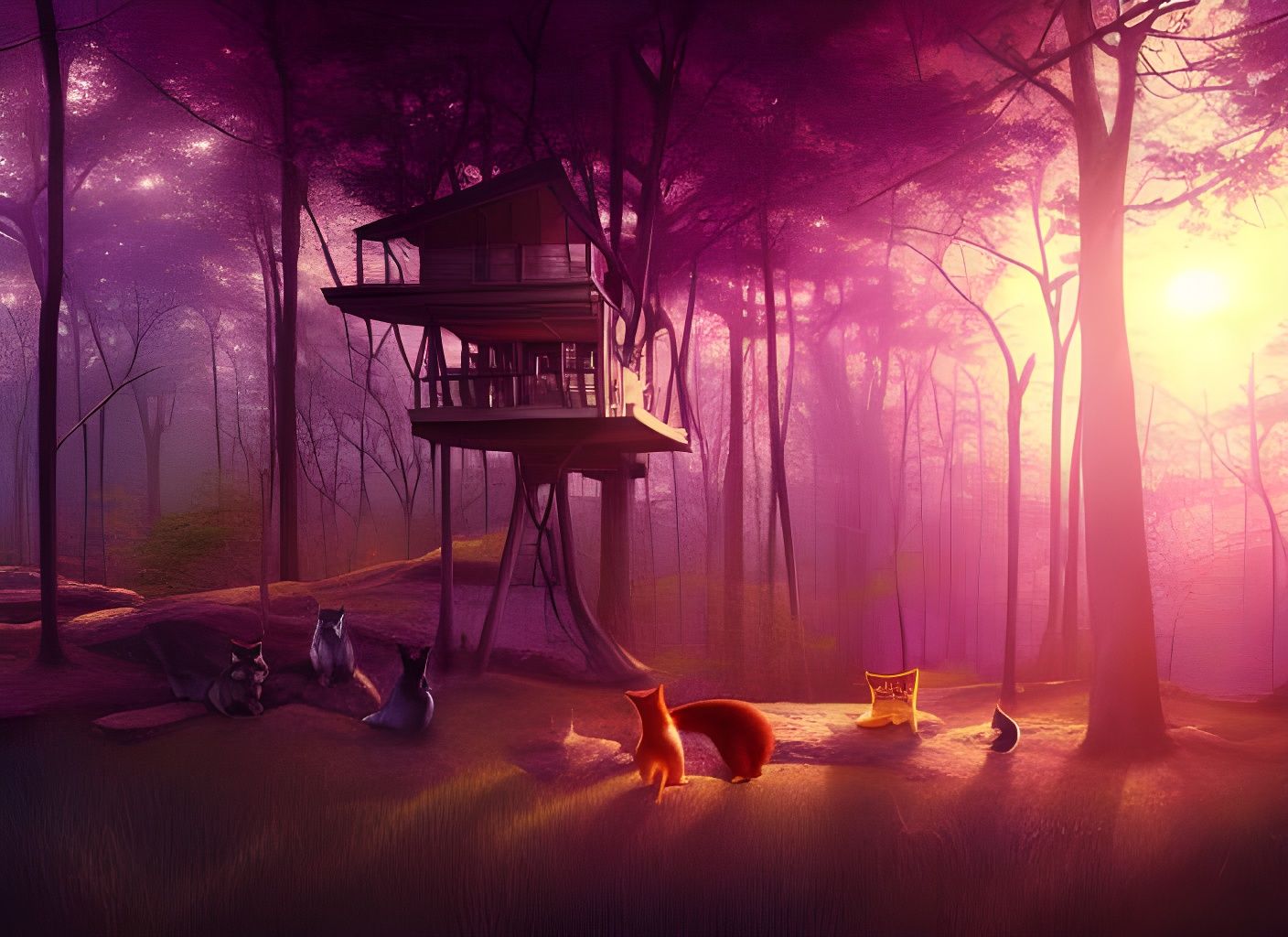 Sunset Treehouse with Cats in Magic Forest