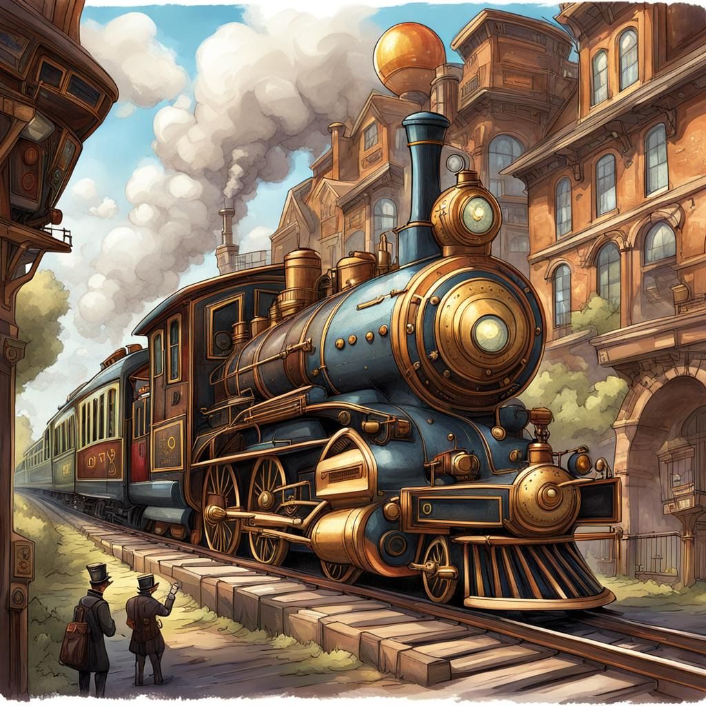 Steampunk Trains on Railway in Pixar Style
