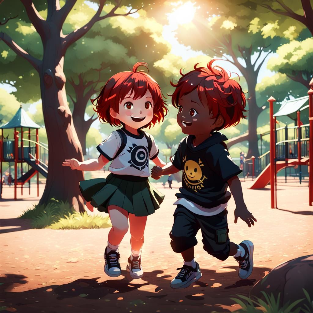 Joyful Children Playing in Park: Anime-Style 3D Art