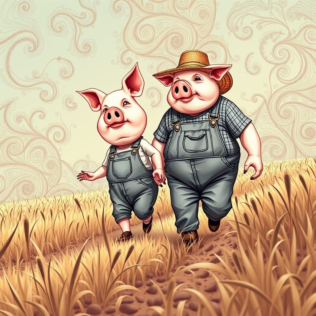 Farmer and Son Planting Seeds with Abstract Elements