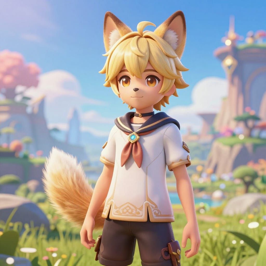 Anime Boy with Dog Features in Fantasy Landscape