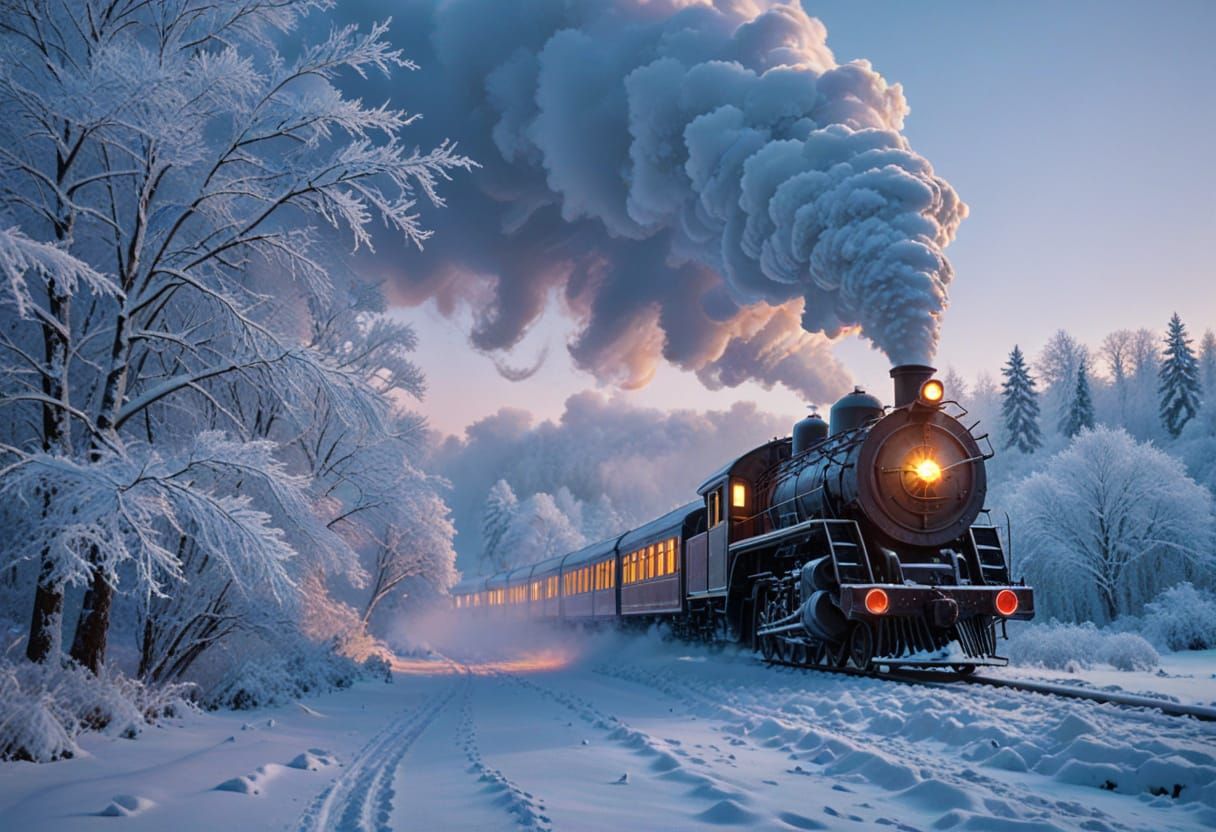 Ethereal Winter Train Journey in Vibrant Oil Painting