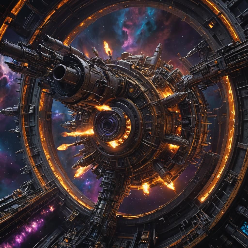 Steampunk Galleon Spaceship Enters a Colorful Black Hole