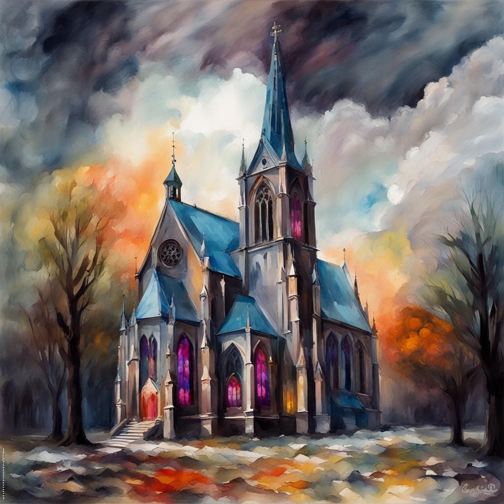 Gothic Church with Crystal in Gouache Watercolor Style
