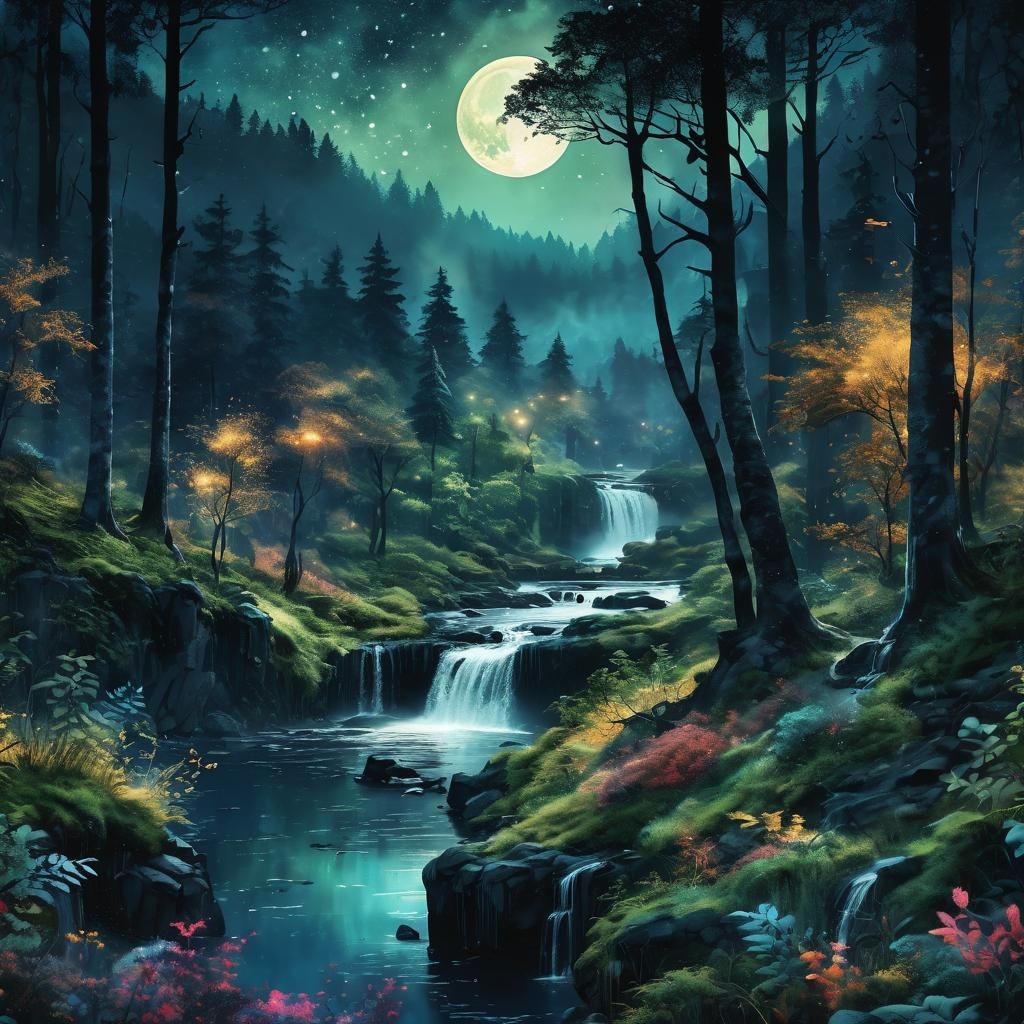 Enchanting Watercolor Moonlit Forest