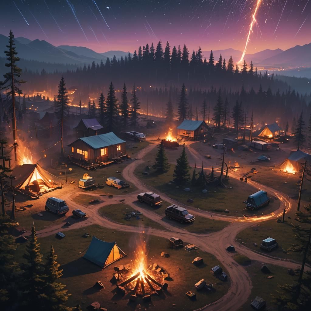 Campsite Fire Under Shooting Star, Digital Painting