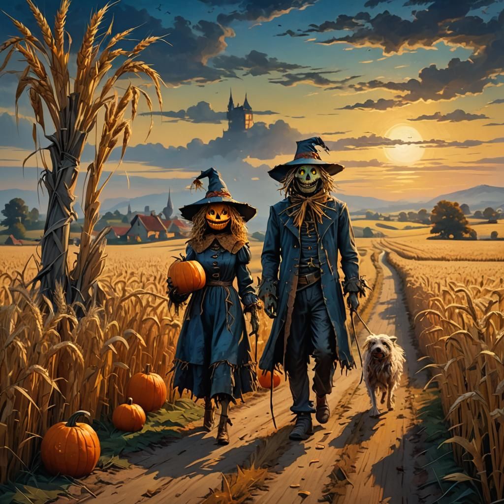 Pumpkin Scarecrow on Yellow Brick Road: Dark Fantasy Art