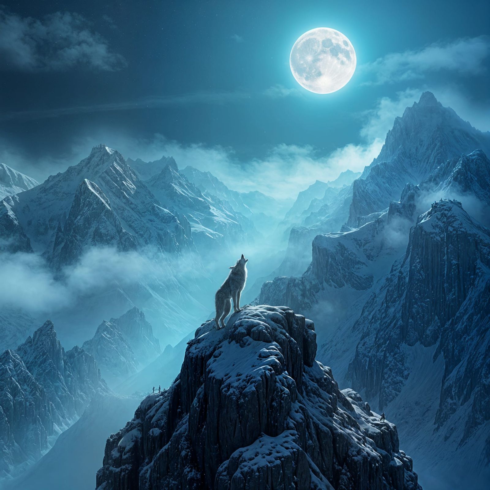 Silver Wolf Howls Under Ethereal Moonlight in Fantasy Landsc...