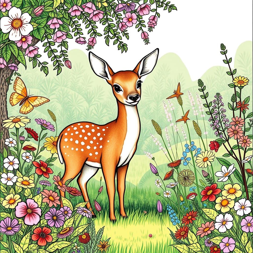 Deer in Garden, Beatrix Potter Style Illustration