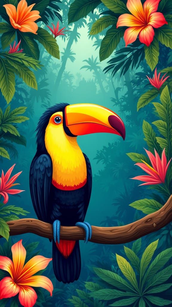 Exotic Jungle Bird in Vibrant Colors, Classic Illustration S...