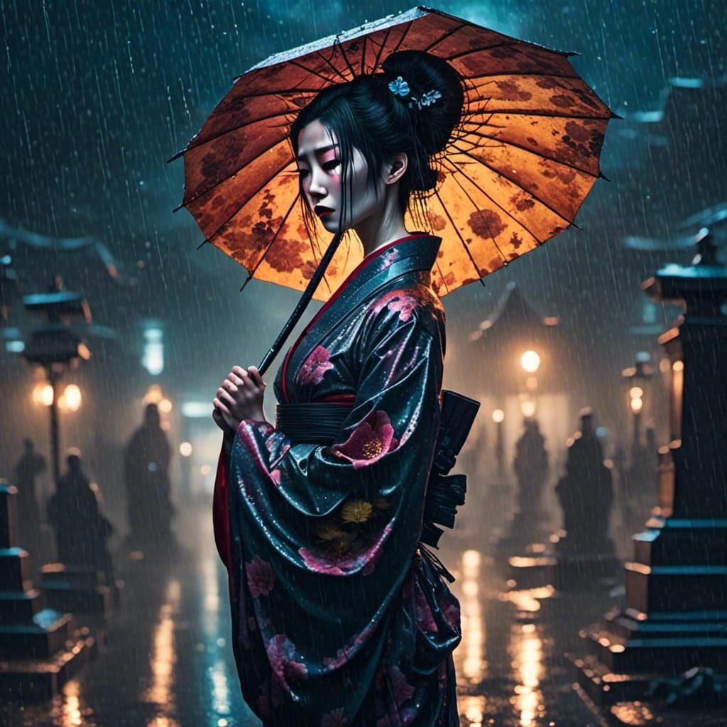 Geisha in Cemetery Mourning in the Rain