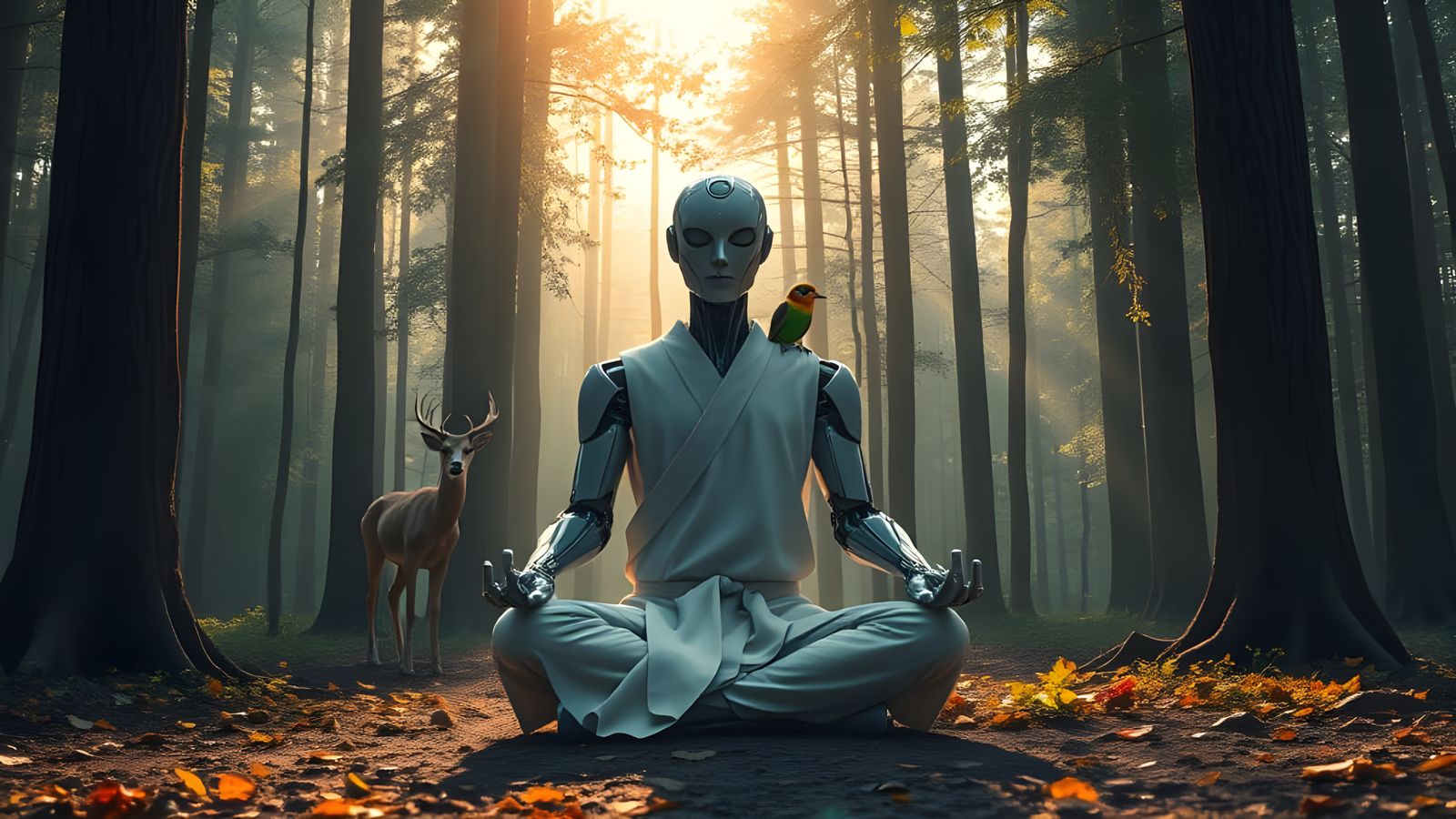 Serene Futuristic Monk Meditates in Enchanted Forest