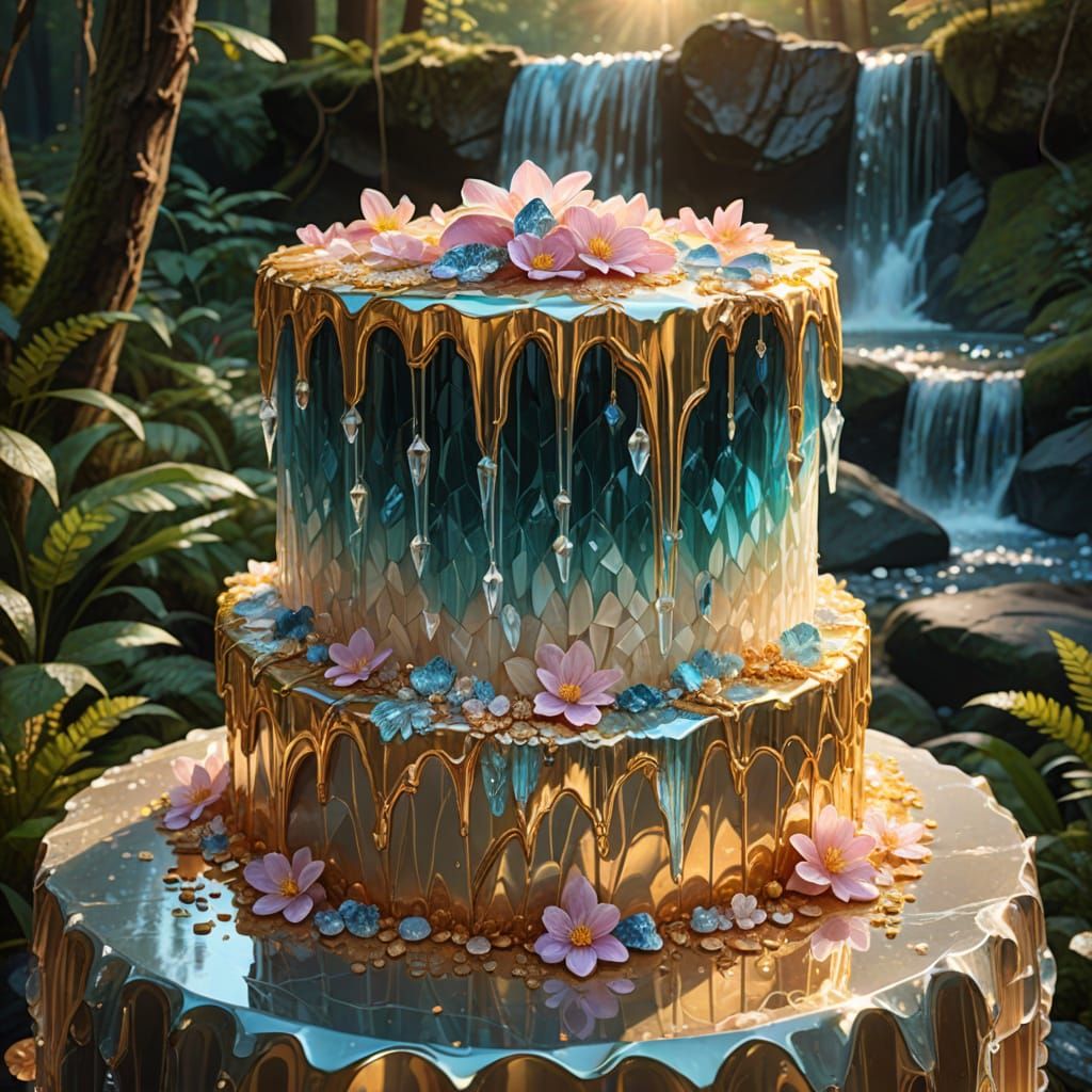 Crystal Waterfall Cake in Forest, Digital Painting