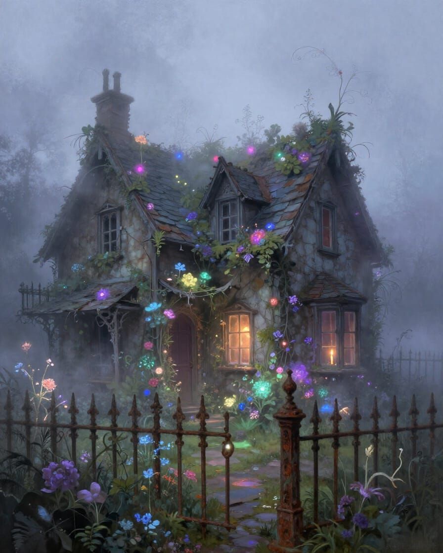 Ethereal Cottage in Spectral Mist with Candle Light