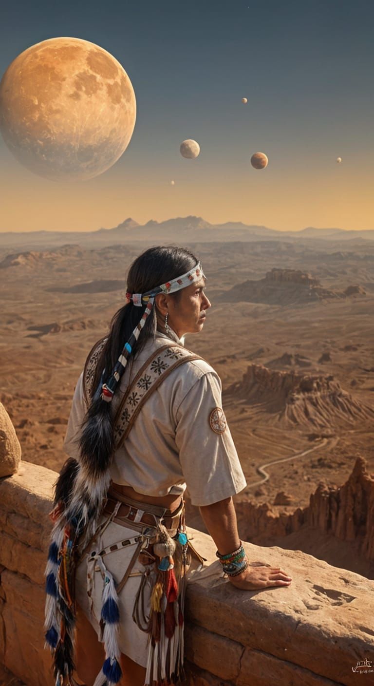 Native American Overlooks Ancient City with Two Moons