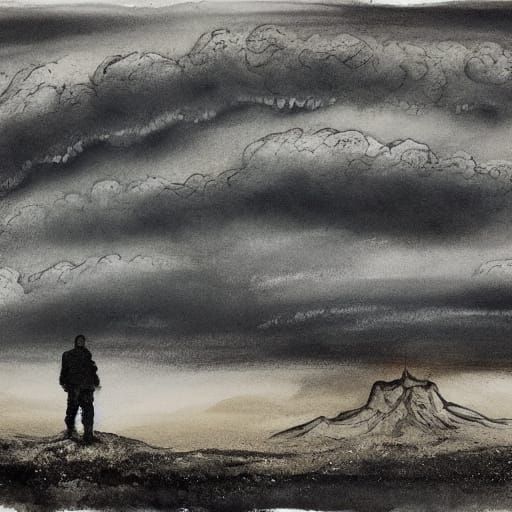 Man's Determination on Ruined Earth in Chinese Ink Wash Styl...