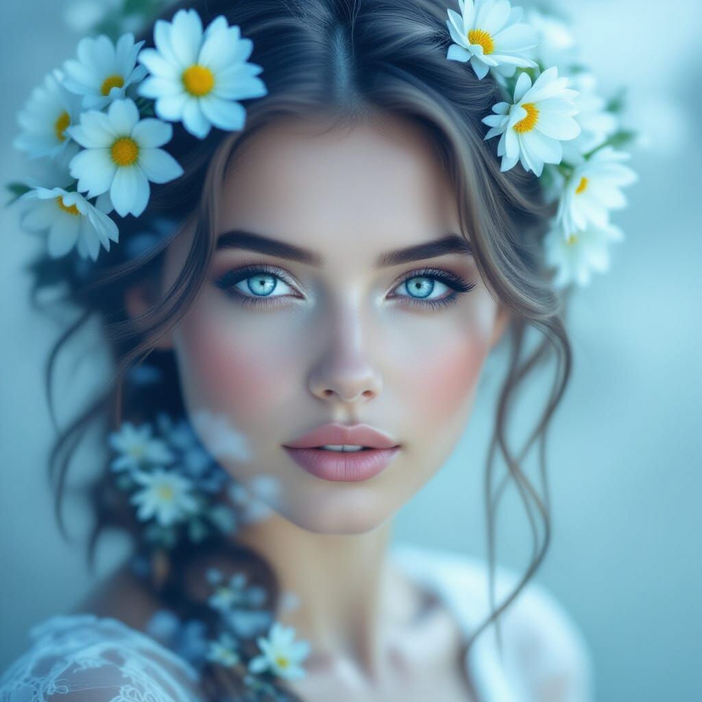 Ethereal Woman with Bioluminescent Eyes and Flowers