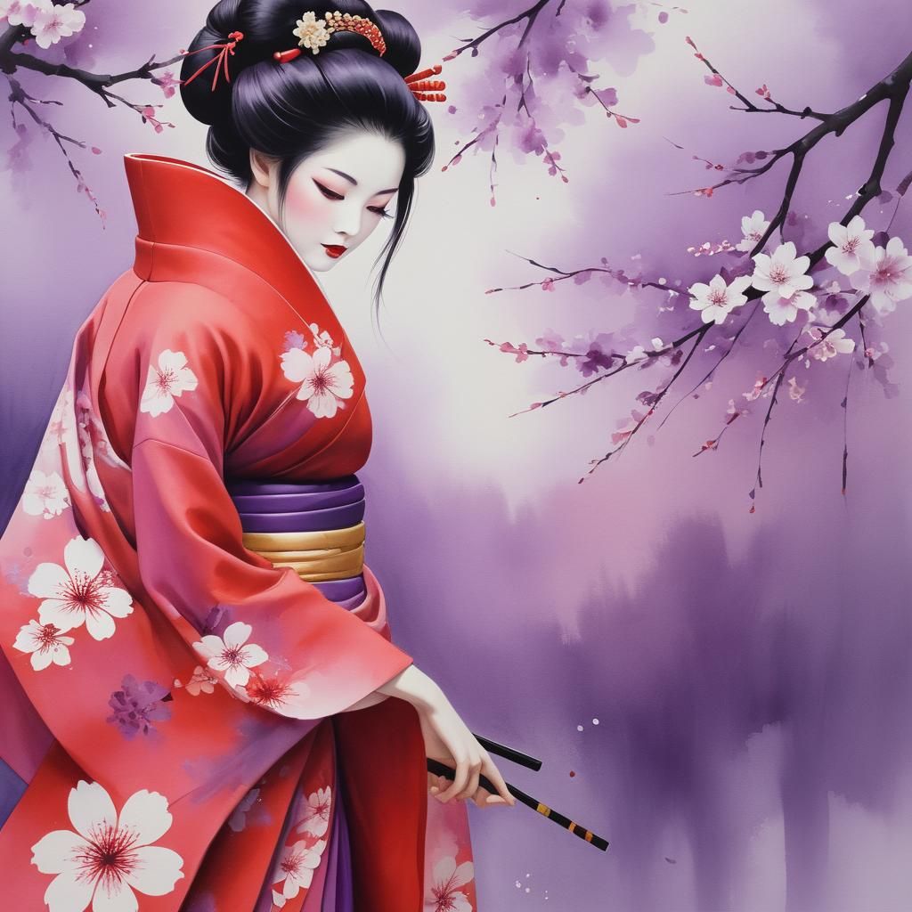 Beautiful Geisha in Watercolor with Sakura Petals