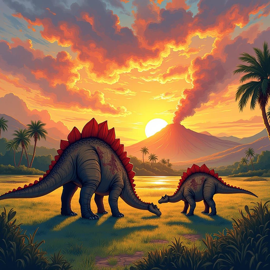 Stegosaurus Family in Pop-Art Stained-Glass Landscape