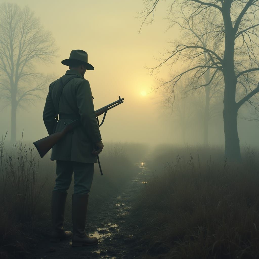 Civil War Soldier in Foggy Dawn Landscape
