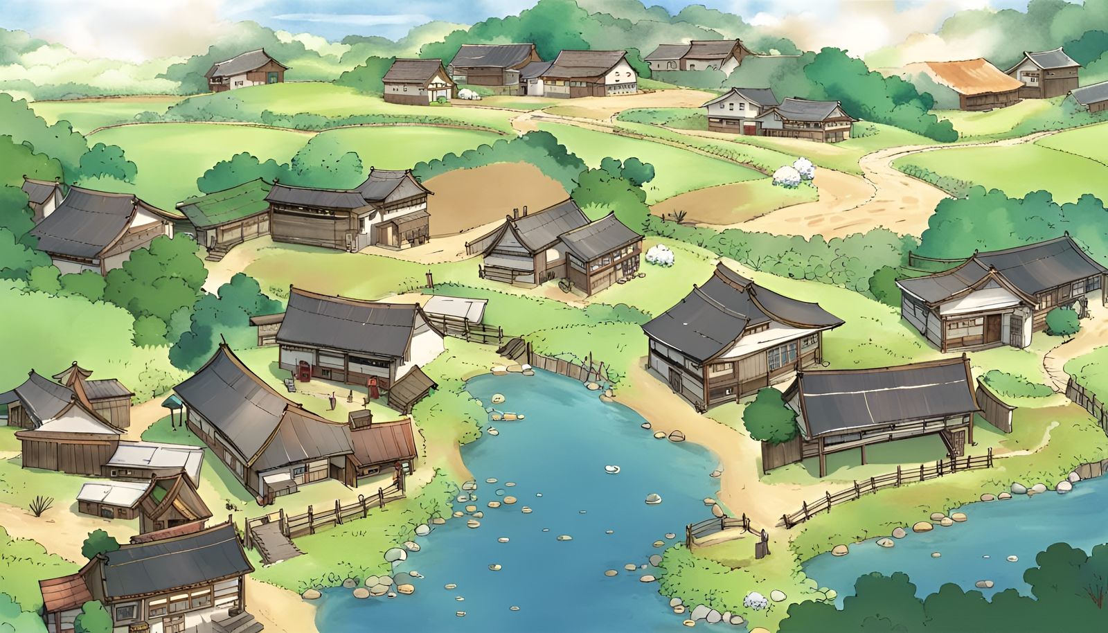 Anime Style Rural Japanese Village Art