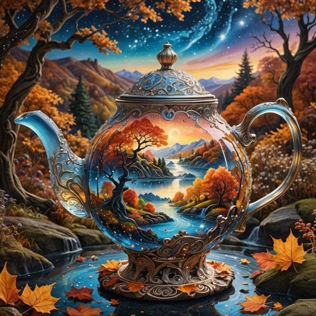 Starlit Autumn Landscape Poured from Crystal Teapot