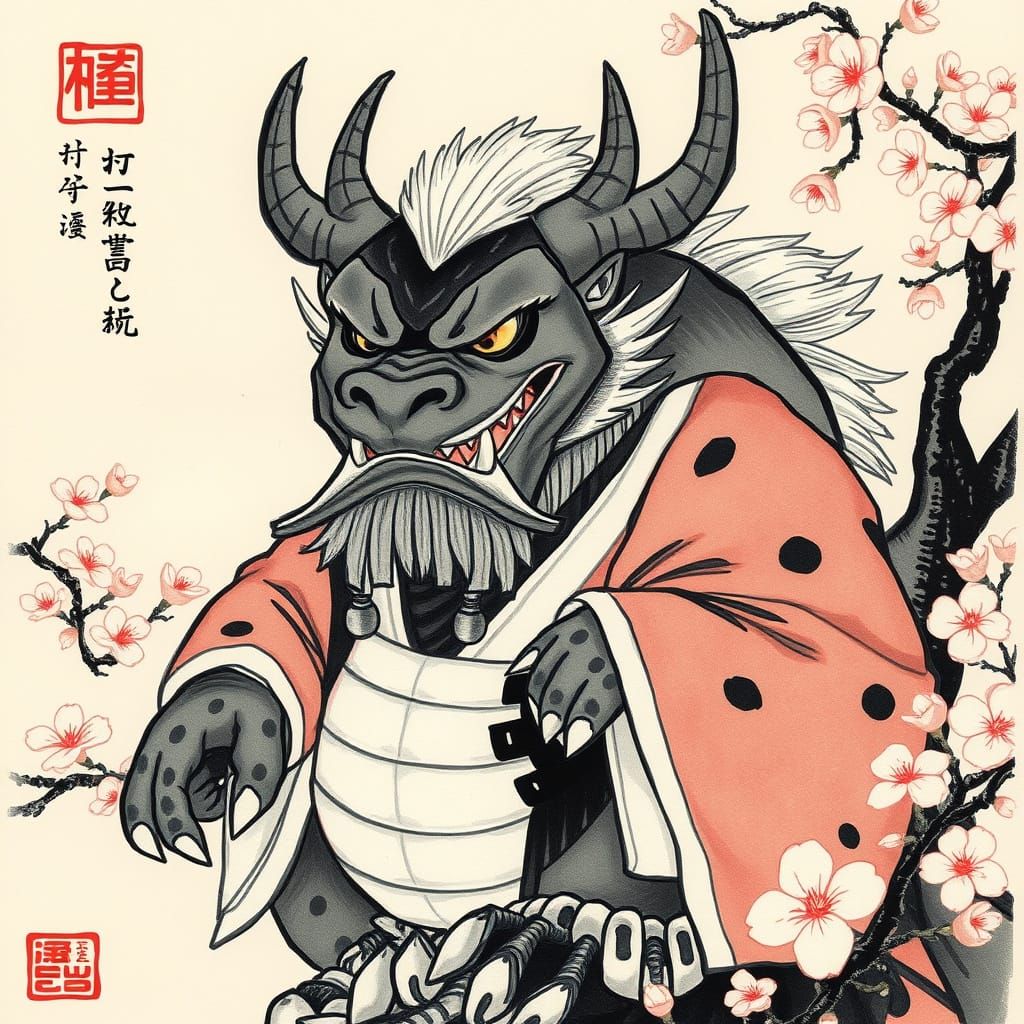 Majestic Yokai Beast in Sumi-e Style Amidst Cherry Blossoms