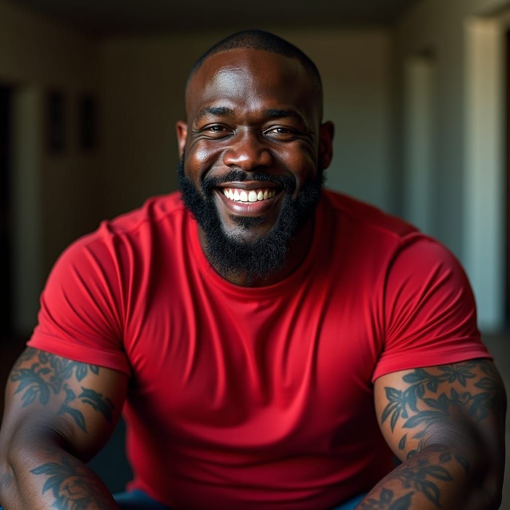 Smiling Man with Tattoos in Cinematic Style