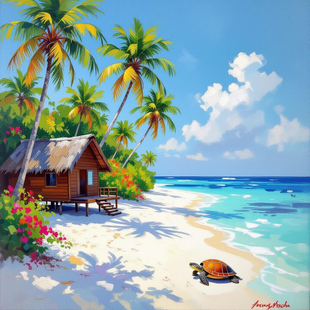 Maldives Cabin Serenity: Impressionistic Oil Painting