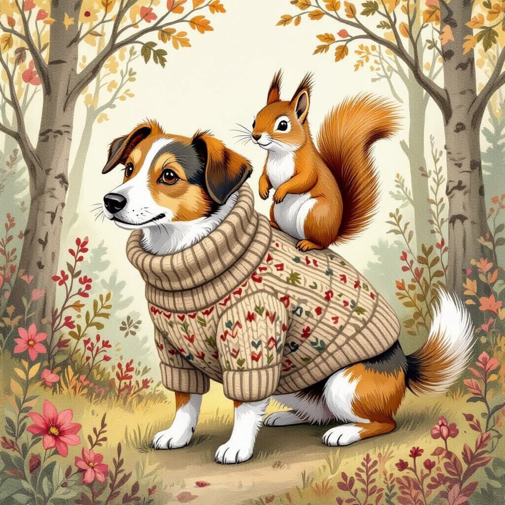 Dog and Squirrel in Whimsical Forest, Beatrix Potter Style