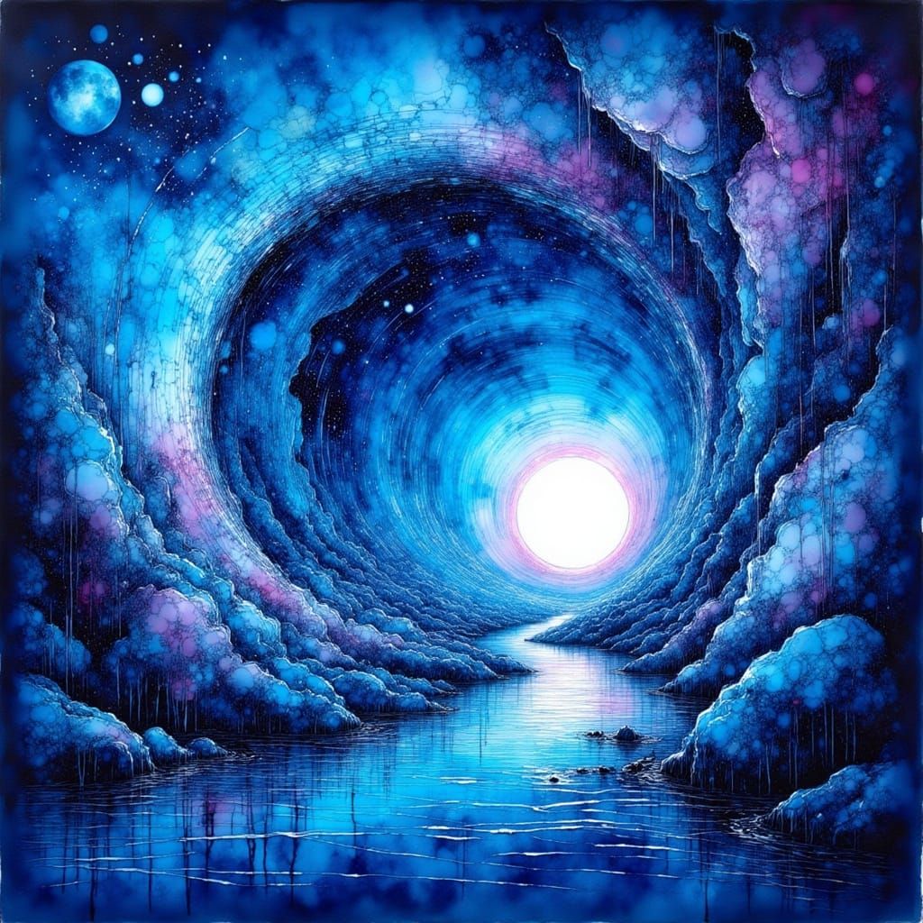 Vibrant Blue Wormhole Near Space Station